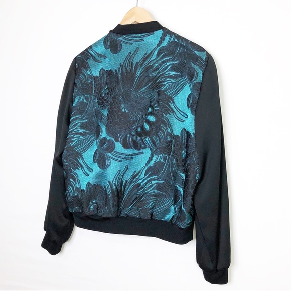 Trina Turk floral jacquard black and emerald green bomber jacket - Picture 6 of 12